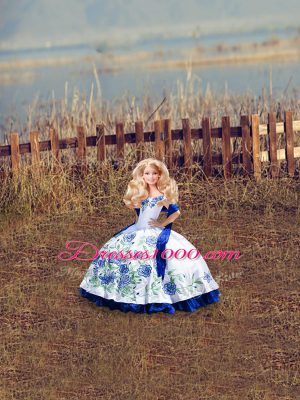 Fantastic Embroidery and Ruffles Quinceanera Gown Blue And White Lace Up Sleeveless Floor Length