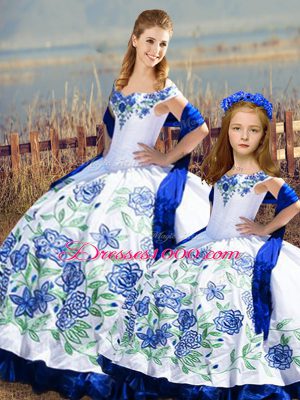 Fantastic Embroidery and Ruffles Quinceanera Gown Blue And White Lace Up Sleeveless Floor Length