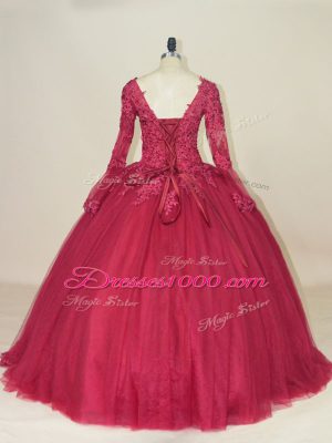 Top Selling Tulle V-neck Long Sleeves Lace Up Lace and Appliques Ball Gown Prom Dress in Red