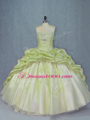 Yellow Green Lace Up Quinceanera Gown Beading and Appliques Sleeveless Brush Train