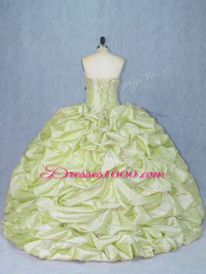 Yellow Green Lace Up Quinceanera Gown Beading and Appliques Sleeveless Brush Train