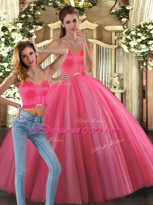 Modest Coral Red Ball Gowns Tulle Sweetheart Sleeveless Beading Floor Length Lace Up Quinceanera Gowns
