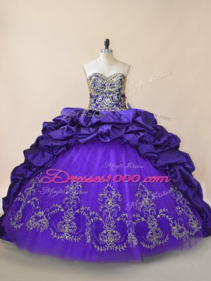 Hot Sale Sleeveless Satin and Organza Brush Train Lace Up Sweet 16 Quinceanera Dress in Purple with Embroidery and Pick Ups