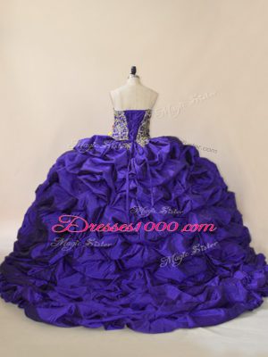 Hot Sale Sleeveless Satin and Organza Brush Train Lace Up Sweet 16 Quinceanera Dress in Purple with Embroidery and Pick Ups
