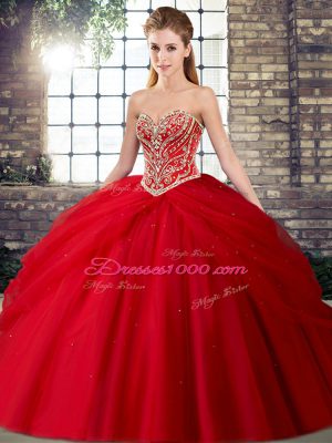 Adorable Red Tulle Lace Up Quince Ball Gowns Sleeveless Brush Train Beading and Pick Ups