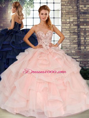 Baby Pink Lace Up Sweetheart Beading and Ruffles Quinceanera Gowns Tulle Sleeveless