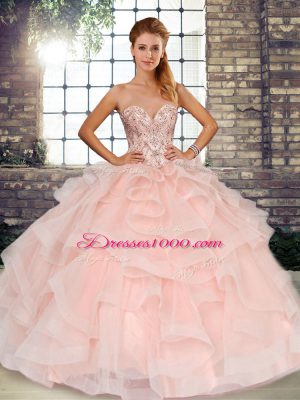 Baby Pink Lace Up Sweetheart Beading and Ruffles Quinceanera Gowns Tulle Sleeveless