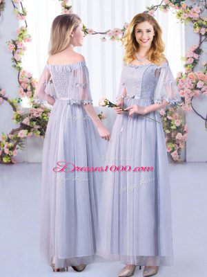 High Quality Grey Half Sleeves Floor Length Lace and Belt Side Zipper Wedding Guest Dresses