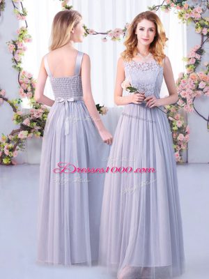 High Quality Grey Half Sleeves Floor Length Lace and Belt Side Zipper Wedding Guest Dresses