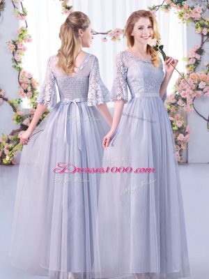 High Quality Grey Half Sleeves Floor Length Lace and Belt Side Zipper Wedding Guest Dresses