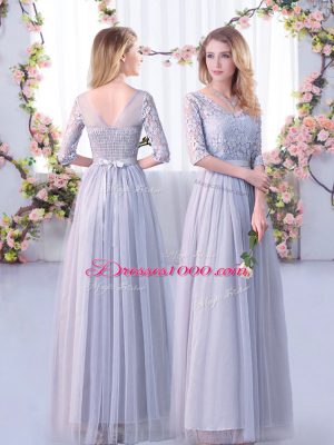 High Quality Grey Half Sleeves Floor Length Lace and Belt Side Zipper Wedding Guest Dresses