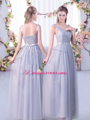 High Quality Grey Half Sleeves Floor Length Lace and Belt Side Zipper Wedding Guest Dresses