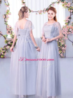 High Quality Grey Half Sleeves Floor Length Lace and Belt Side Zipper Wedding Guest Dresses