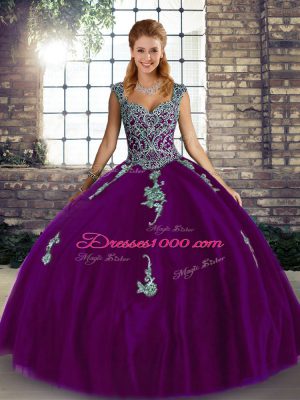 Purple Straps Neckline Beading and Appliques 15 Quinceanera Dress Sleeveless Lace Up