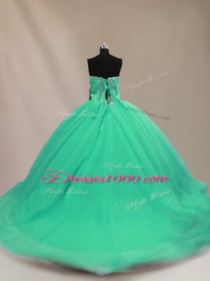 Colorful Turquoise Ball Gowns Sweetheart Sleeveless Tulle Court Train Lace Up Beading Ball Gown Prom Dress