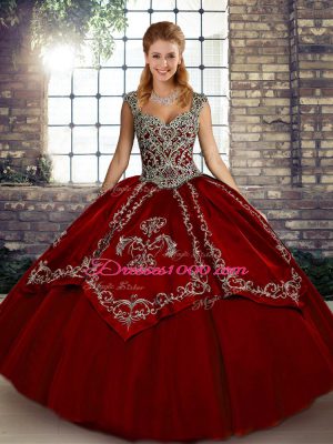 Straps Sleeveless Quinceanera Dresses Floor Length Beading and Embroidery Wine Red Tulle
