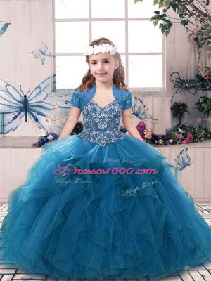 Ball Gowns Little Girls Pageant Gowns Blue Straps Tulle Sleeveless Floor Length Lace Up