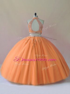 Halter Top Sleeveless Backless Sweet 16 Dresses Orange Tulle