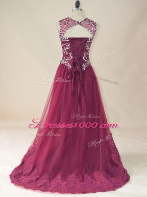 Burgundy Sleeveless High Low Beading and Lace Lace Up Winning Pageant Gowns