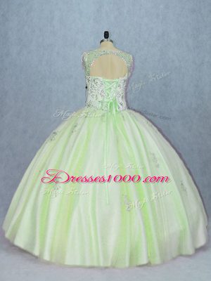 V-neck Sleeveless Quince Ball Gowns Beading Yellow Green Tulle