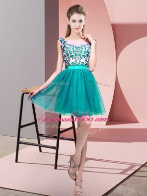 Turquoise Tulle Zipper Bateau Sleeveless Mini Length Quinceanera Court Dresses Lace