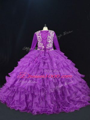 High Class Organza V-neck Long Sleeves Lace Up Beading and Ruffled Layers Quinceanera Dress in Purple