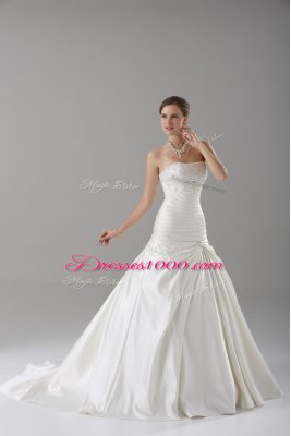 Best Selling White Taffeta Lace Up Wedding Dresses Sleeveless Brush Train Beading