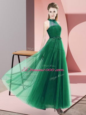 Dark Green Dama Dress for Quinceanera Wedding Party with Beading and Appliques Halter Top Sleeveless Lace Up