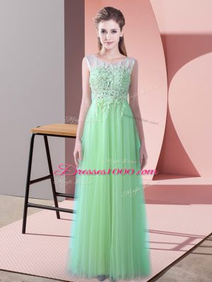 Dazzling Apple Green Tulle Zipper Wedding Party Dress Sleeveless Brush Train Beading and Lace