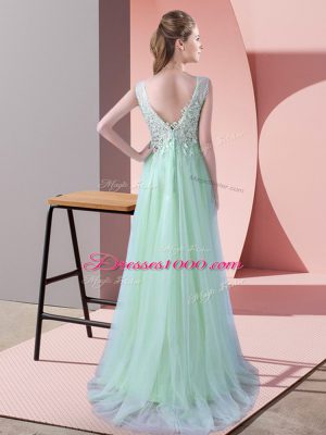 Dazzling Apple Green Tulle Zipper Wedding Party Dress Sleeveless Brush Train Beading and Lace