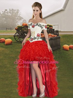 Best White And Red Organza Lace Up Quinceanera Dresses Sleeveless Floor Length Embroidery and Ruffles