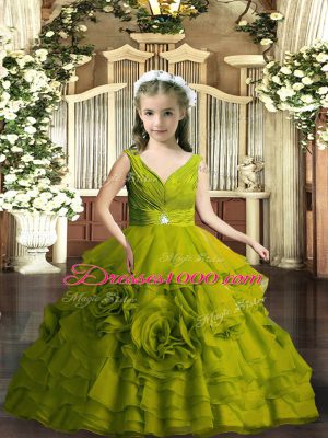 Most Popular Olive Green Backless V-neck Beading Girls Pageant Dresses Organza Sleeveless