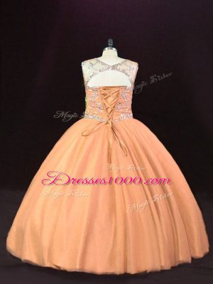 Sleeveless Floor Length Beading Lace Up Sweet 16 Quinceanera Dress with Peach