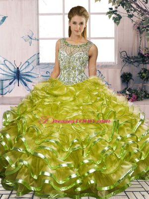 Custom Designed Sleeveless Lace Up Floor Length Beading and Ruffles Sweet 16 Dresses