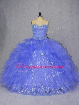 Fancy Floor Length Lace Up Quince Ball Gowns Purple for Sweet 16 and Quinceanera with Appliques and Ruffles