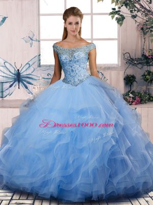 Graceful Floor Length Lace Up 15th Birthday Dress Blue for Sweet 16 and Quinceanera with Beading and Ruffles