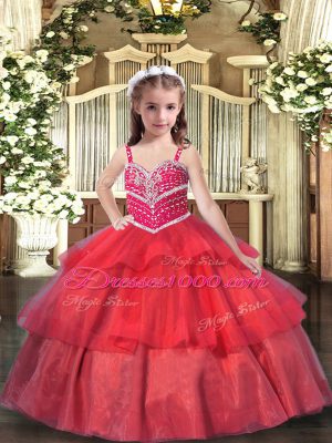 Inexpensive Red Sleeveless Floor Length Beading and Ruffled Layers Lace Up Little Girl Pageant Dress