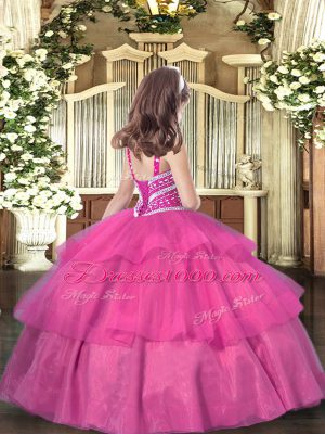 Inexpensive Red Sleeveless Floor Length Beading and Ruffled Layers Lace Up Little Girl Pageant Dress