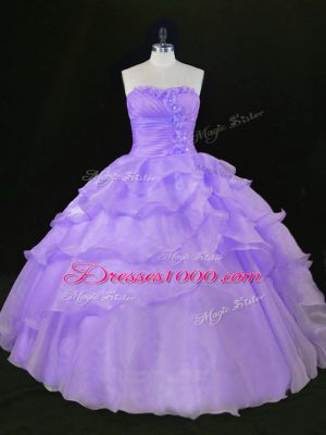 Lavender Organza Quince Ball Gowns Sleeveless Floor Length Beading and Ruffles