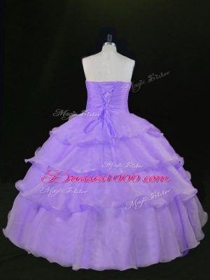 Lavender Organza Quince Ball Gowns Sleeveless Floor Length Beading and Ruffles