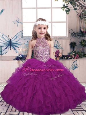 Sweet Purple Sleeveless Floor Length Beading and Ruffles Lace Up Little Girls Pageant Gowns