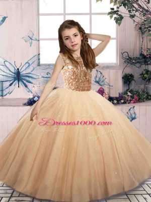 Champagne Ball Gowns Beading Teens Party Dress Lace Up Tulle Sleeveless Floor Length