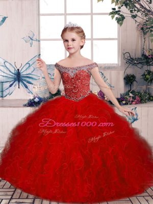 Glorious Red Sleeveless Beading and Ruffles Floor Length Child Pageant Dress