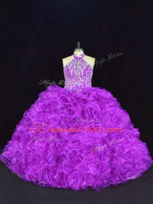 Extravagant Purple Organza Lace Up Ball Gown Prom Dress Sleeveless Floor Length Beading and Ruffles