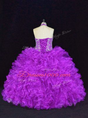 Extravagant Purple Organza Lace Up Ball Gown Prom Dress Sleeveless Floor Length Beading and Ruffles