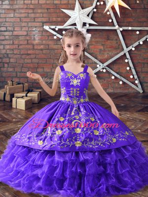Sleeveless Satin and Organza Floor Length Lace Up Child Pageant Dress in Lavender with Embroidery and Ruffled Layers