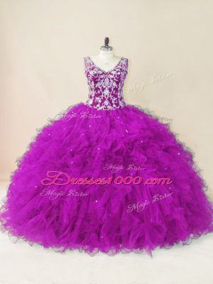 Fashionable Fuchsia Backless Sweet 16 Dress Beading Sleeveless Floor Length