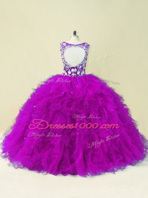 Fashionable Fuchsia Backless Sweet 16 Dress Beading Sleeveless Floor Length