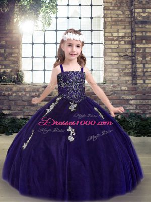 Custom Fit Purple Tulle Lace Up Little Girl Pageant Gowns Sleeveless Floor Length Appliques