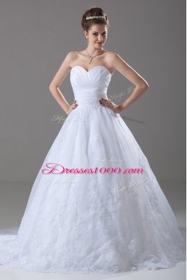 White Tulle Lace Up Wedding Gowns Sleeveless Brush Train Beading and Lace